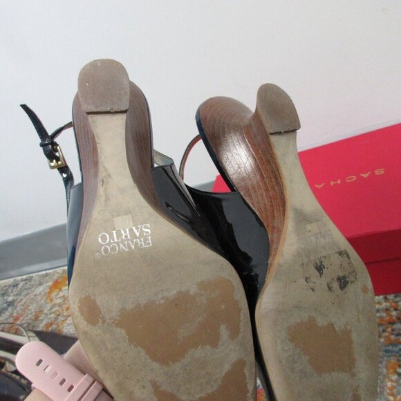 Franco Sarto Square-Toe Wood Heel Sandals Women 7.5 Black Patent Leather y2k 332 - Picture 6 of 12